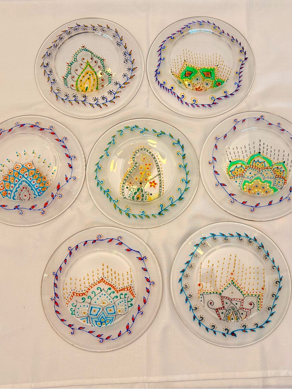 Pasabahce Hand Painted Glass Dinner Plates 10” Set of 7